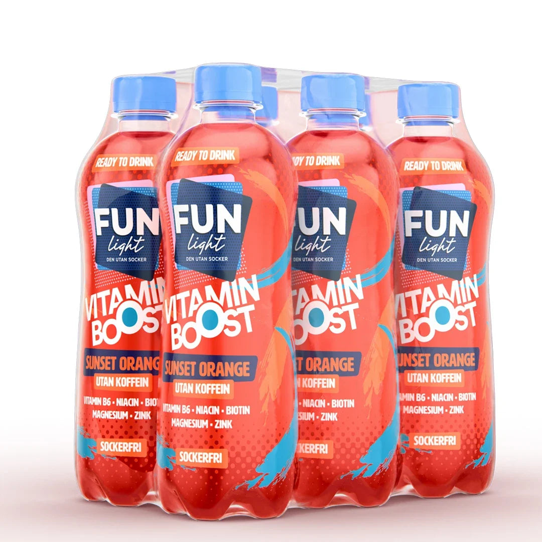 6 x FUN Light Vitamin Boost 500 ml Sunset Orange i ett smidigt 6-pack med röda plastflaskor och blå korkar för apelsinsmak., bild 1 av 1