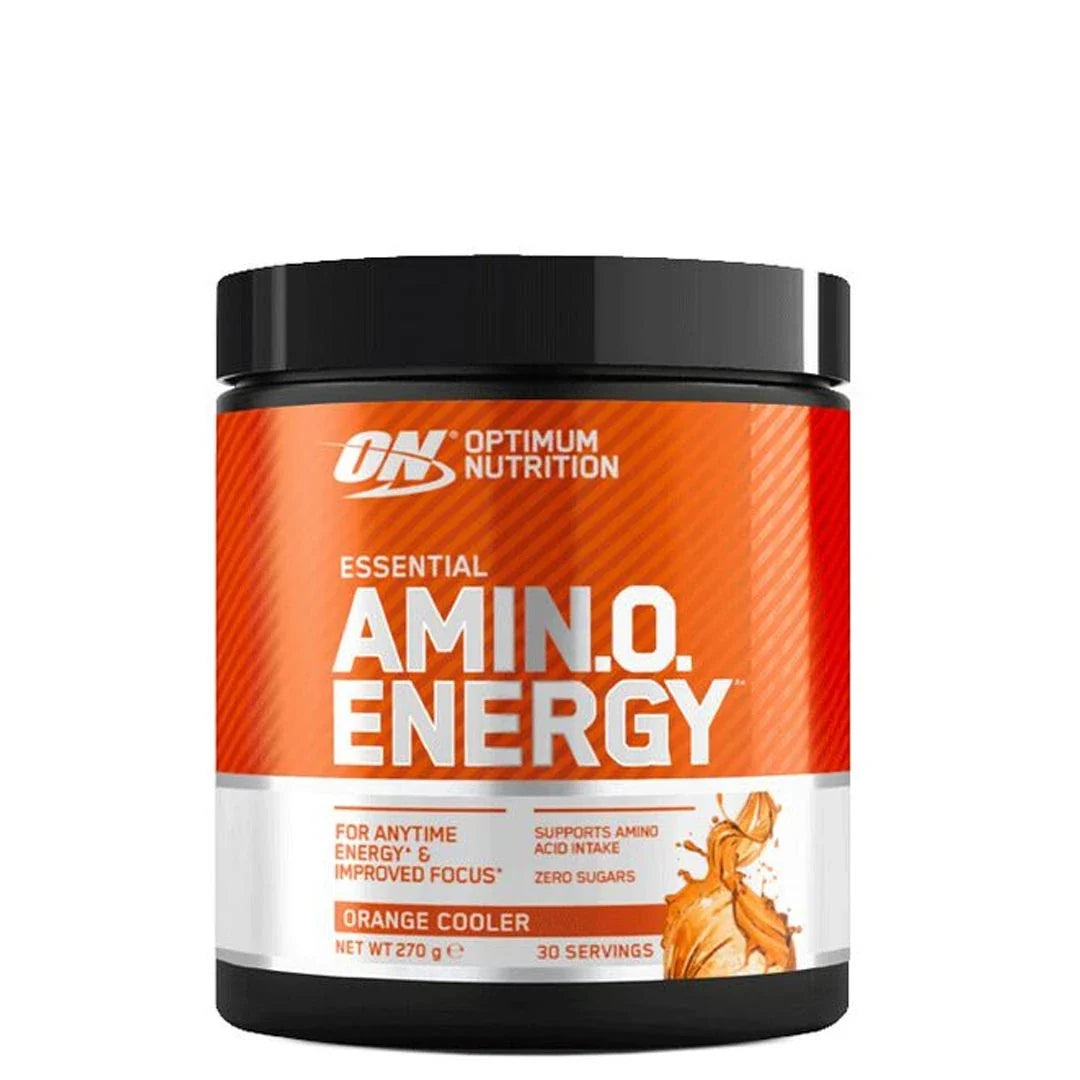 Optimum Nutrition Amino Energy 270 g aminosyrapulver i en svart burk med orange etikett för smaken Orange Cooler., bild 1 av 5