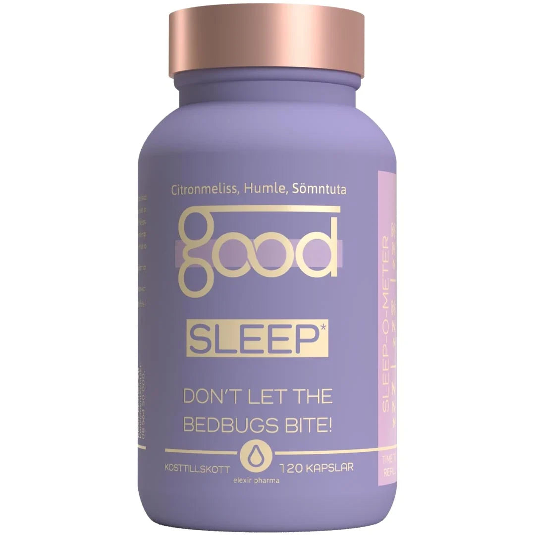 Elexir Pharma Good Sleep 120 caps kosttillskott för sömnen i en lila burk med kopparfärgat lock., bild 1 av 1