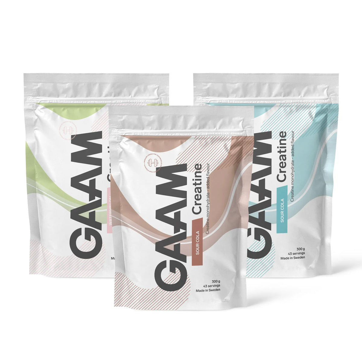 3 x GAAM Creatine 300 g i tre vita ståpåsar med bruna, gröna och blåa detaljer för olika smaker.