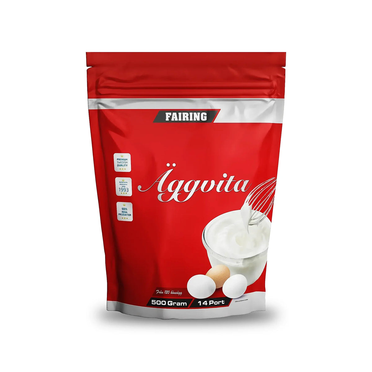 Fairing Äggvita 500 g proteinpulver i en vit burk med röd etikett som visar vispad äggvita och ägg., bild 1 av 1