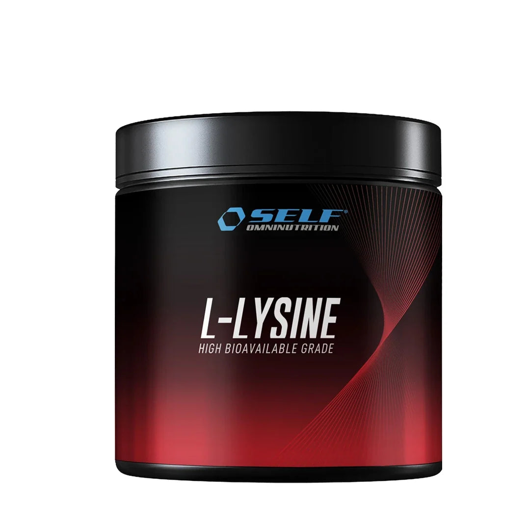 Self Omninutrition Lysine 200 g aminosyra i pulverform, förpackad i en stilren svart burk med röda detaljer., bild 1 av 1