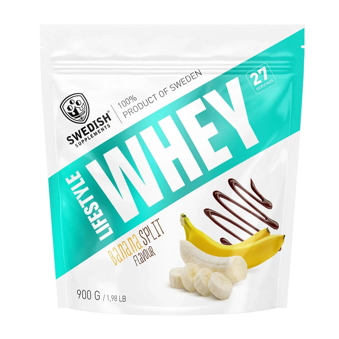 Swedish Supplements Lifestyle Whey 900 g proteinpulver i en vit påse med turkosa detaljer och bananillustration för smaken Banana Split., bild 1 av 7