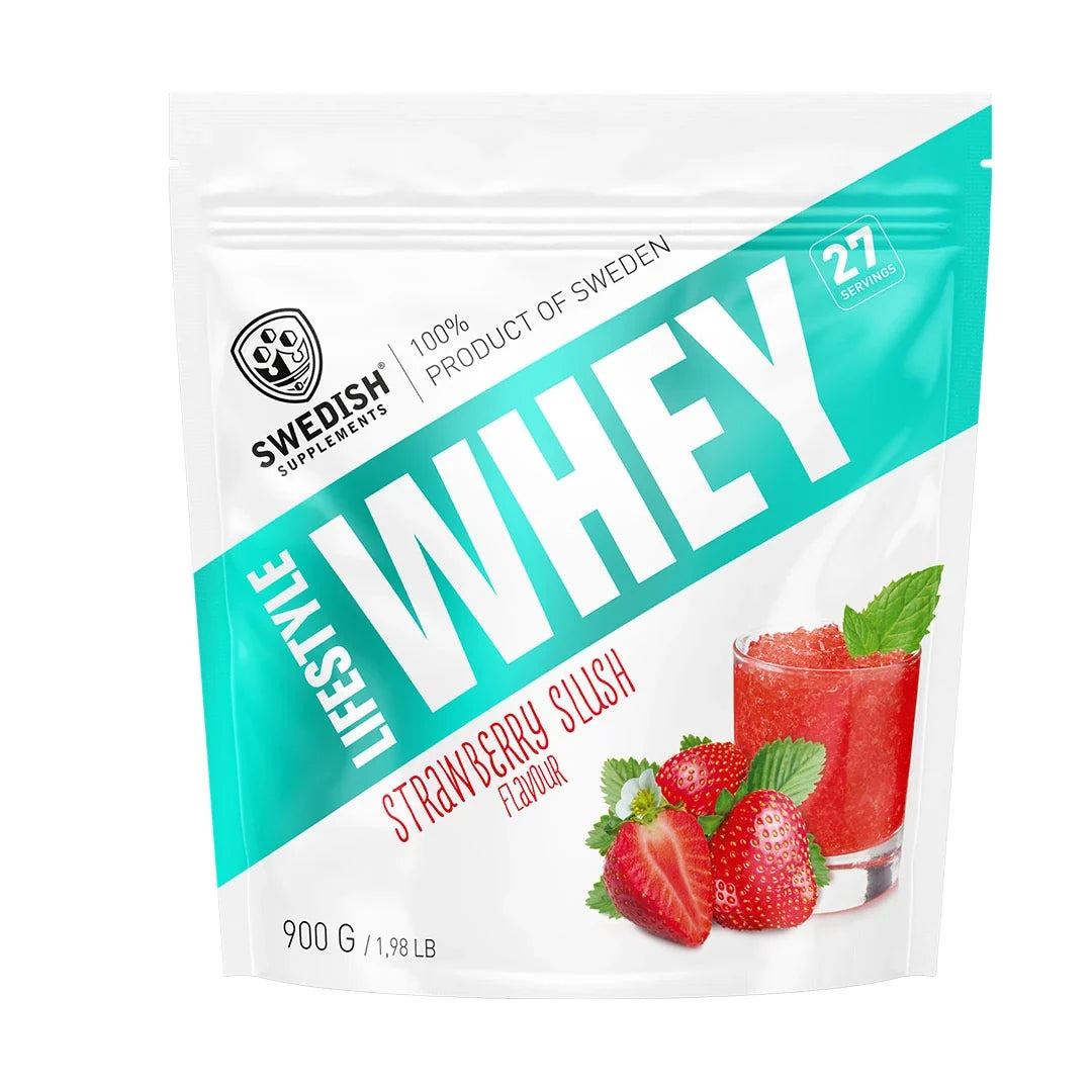 Swedish Supplements Lifestyle Whey 900 g proteinpulver i en vit påse med turkos design och smaken Strawberry Slush., bild 5 av 7