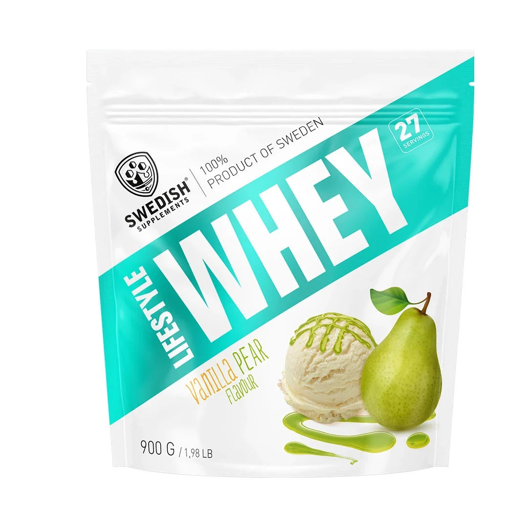 Swedish Supplements Lifestyle Whey 900 g proteinpulver i en vit påse med turkosa detaljer för smaken Vanilla Pear., bild 7 av 7