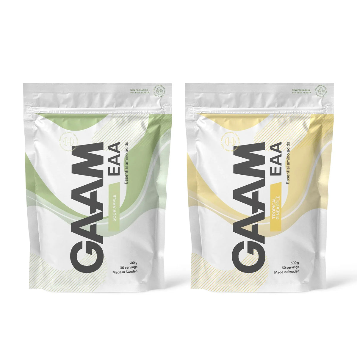 2 x GAAM EAA 300 g i två vita påsar med gröna och gula detaljer för smakerna Sour Apple och Tropical Pineapple., bild 1 av 1