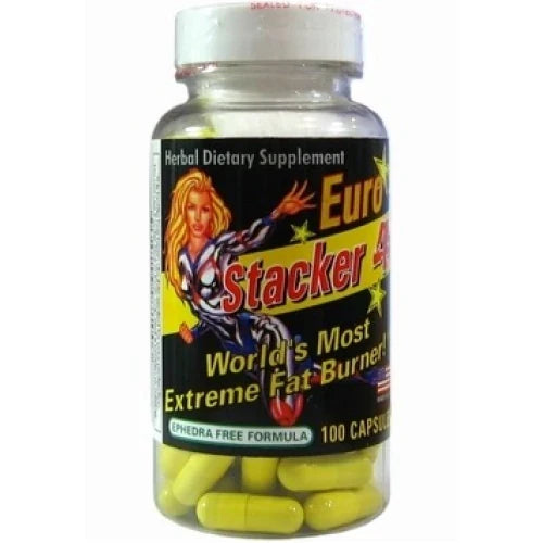Stacker2 Stacker 4 100 caps fettförbrännare i en genomskinlig plastburk med svart etikett och synliga gula kapslar., bild 1 av 1
