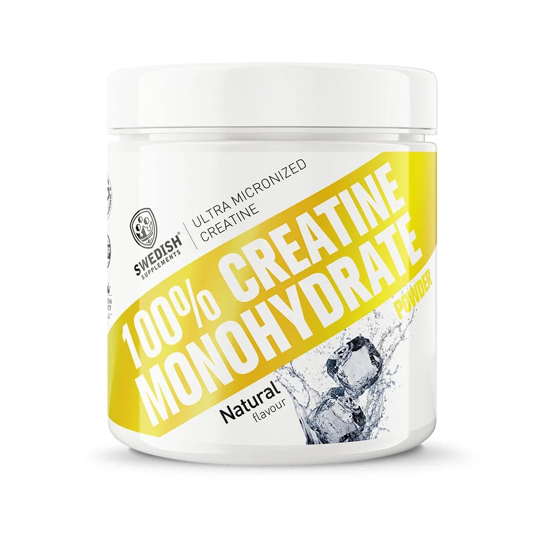 Swedish Supplements Creatine Monohydrate 250 g i en vit burk med gula detaljer och text för smaken Naturell., bild 1 av 1