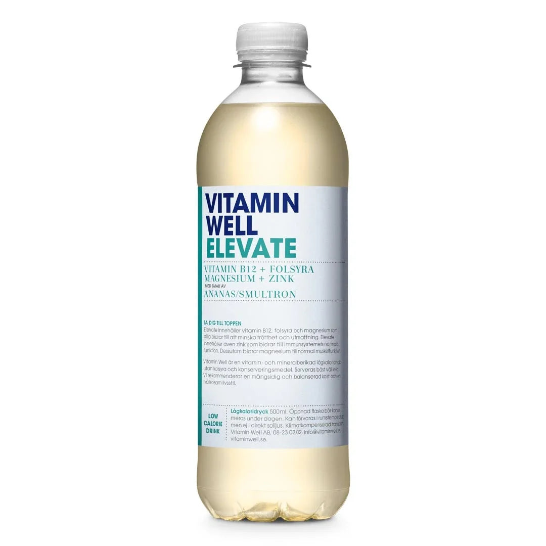 Vitamin Well 500 ml vitamindryck i en transparent flaska med vit och blå etikett för smaken Ananas Smultron.