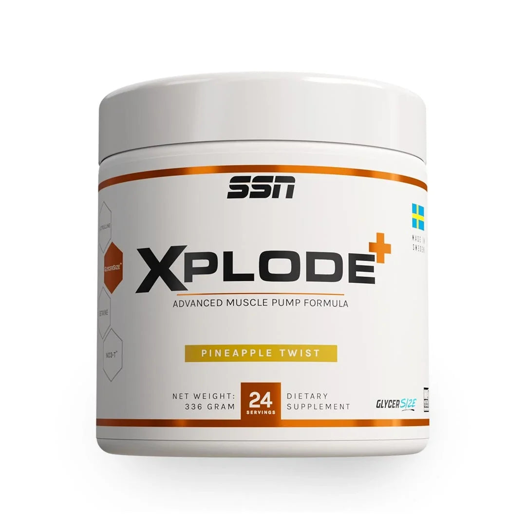 SSN Xplode+ 336 g koffeinfri PWO i en vit burk med orangea detaljer för smaken Pineapple Twist., bild 1 av 1