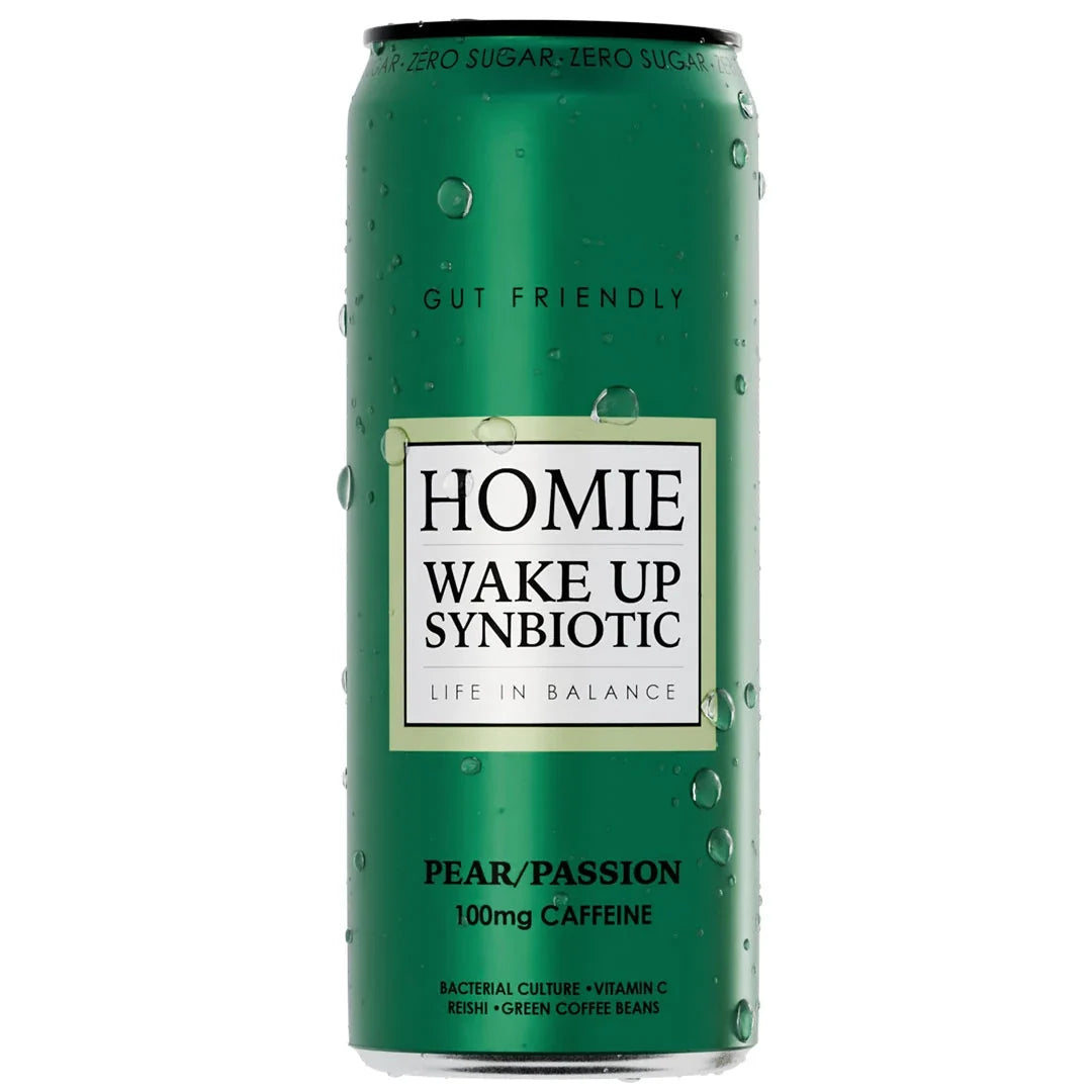 Homie Wake Up Synbiotic 330 ml energidryck i en grön burk för smaken Pear Passion., bild 1 av 10