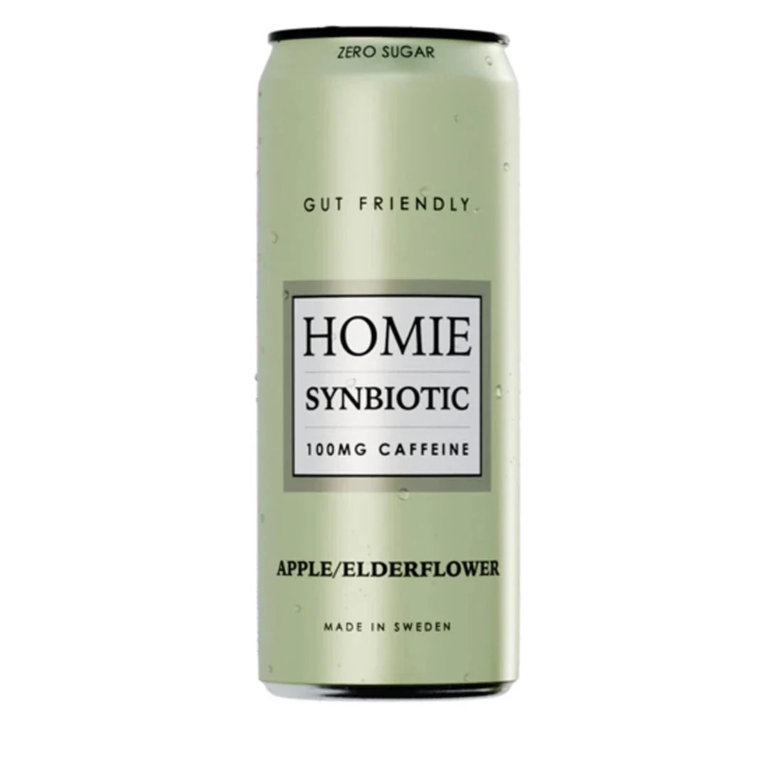 Homie Wake Up Synbiotic 330 ml i en ljusgrön burk för smaken Apple Elderflower., bild 6 av 10