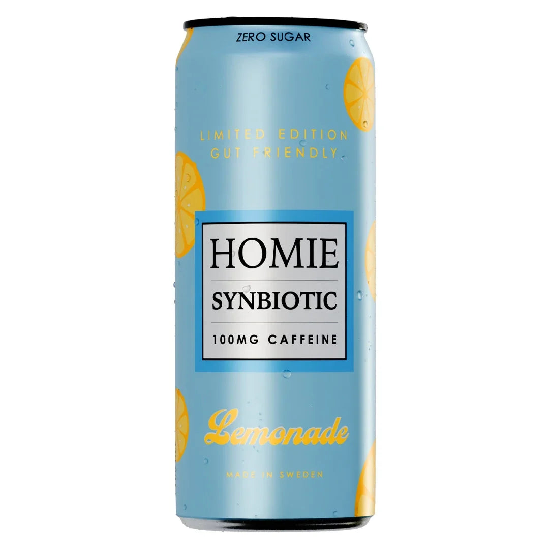 Homie Wake Up Synbiotic 330 ml i en ljusblå burk med motiv av gula citronskivor för smaken Lemonade.