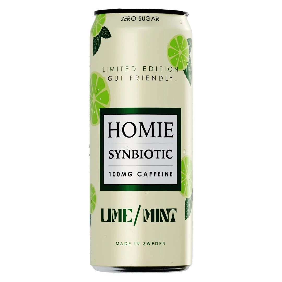 Homie Wake Up Synbiotic 330 ml i en ljusgrön burk med motiv av lime och myntablad för smaken Lime Mint., bild 4 av 10