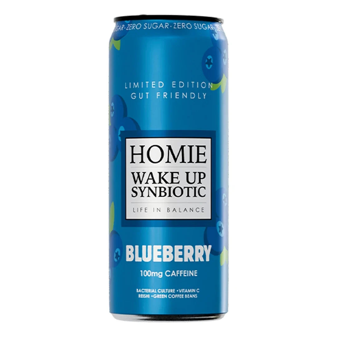 Homie Wake Up Synbiotic 330 ml i en blå burk med motiv av blåbär för smaken Blueberry., bild 7 av 10
