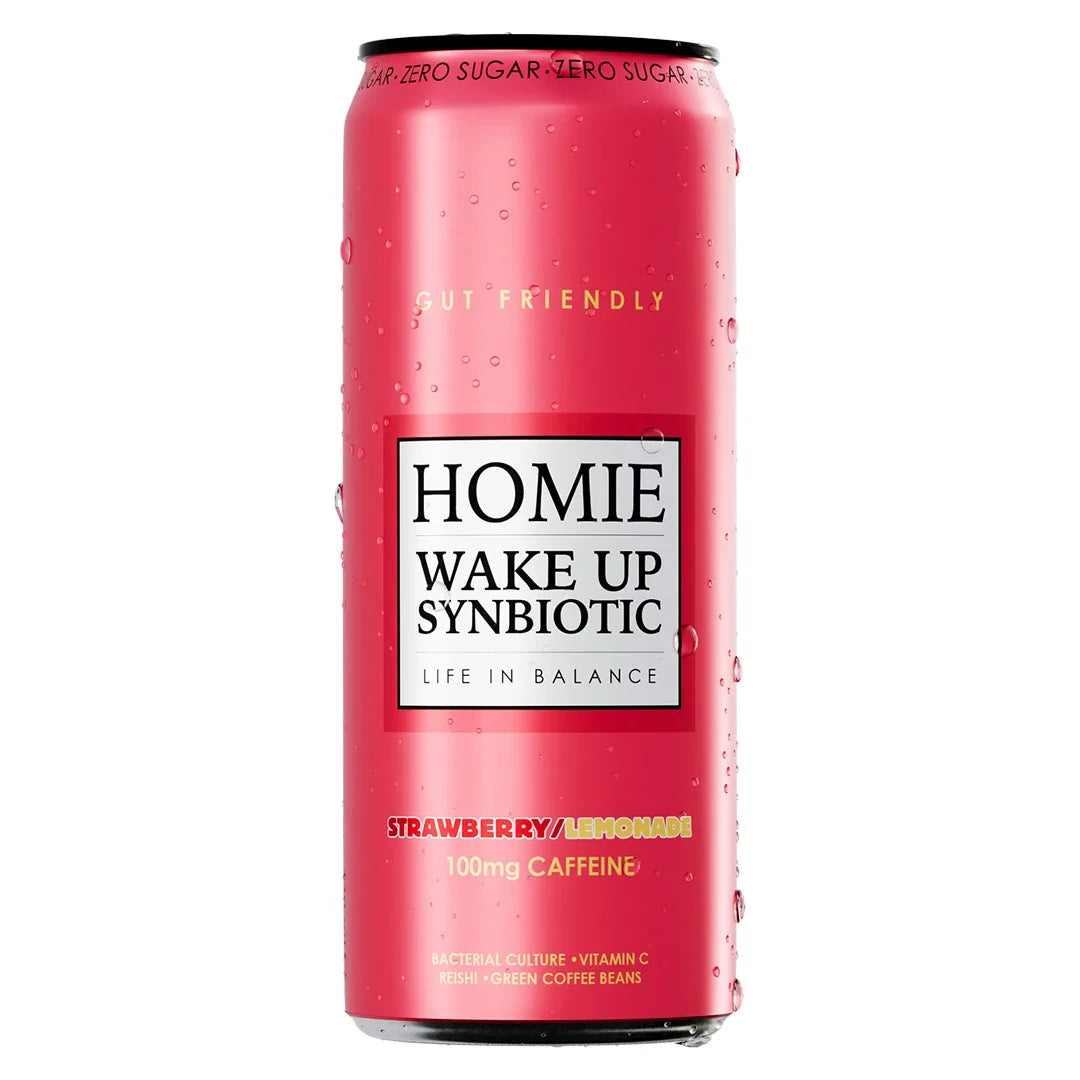 Homie Wake Up Synbiotic 330 ml energidryck i en rosa burk med vattendroppar för smaken Strawberry Lemonade., bild 9 av 10