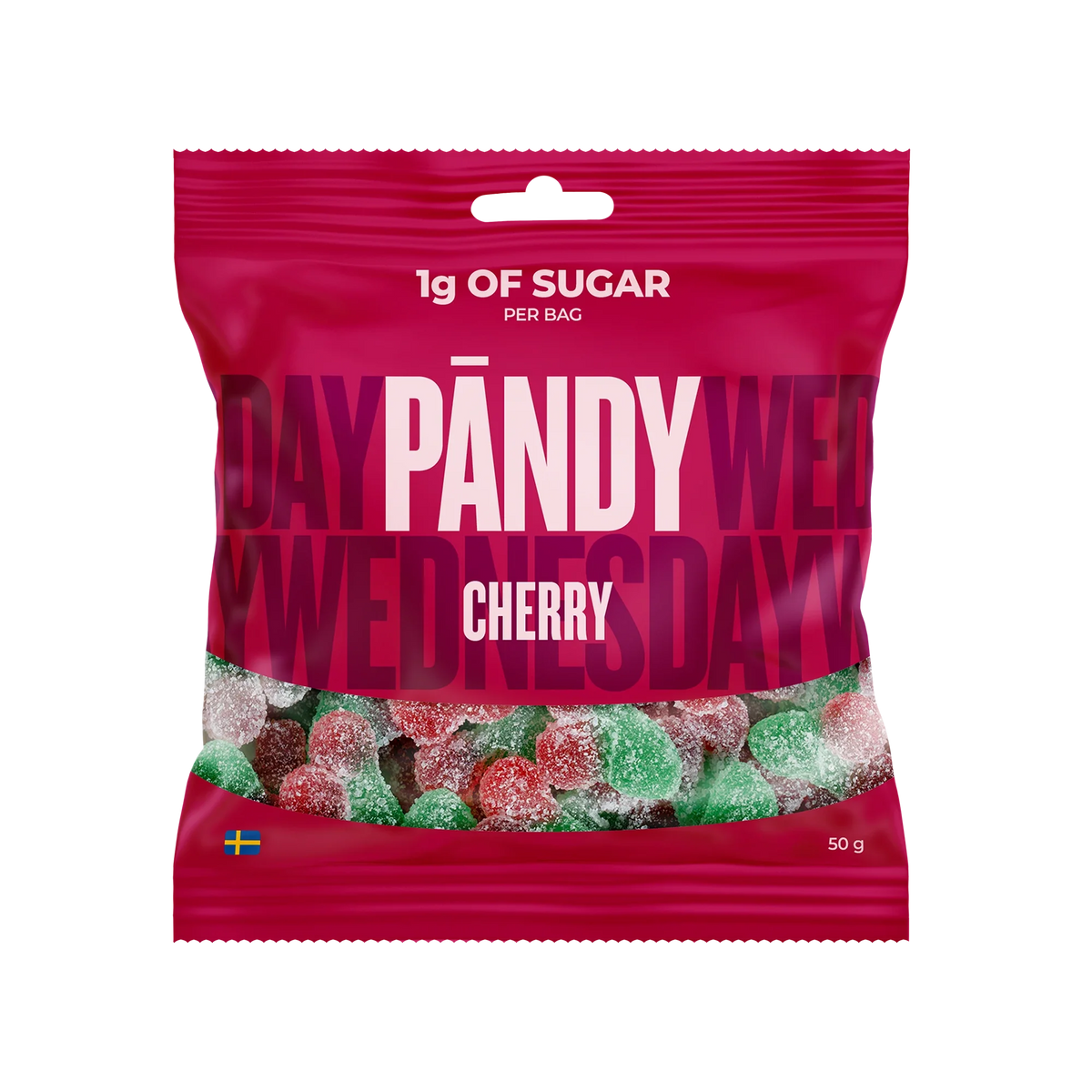 Pändy Candy 50 g Cherry by Klara i en rosa påse fylld med körsbärsformat gelégodis.