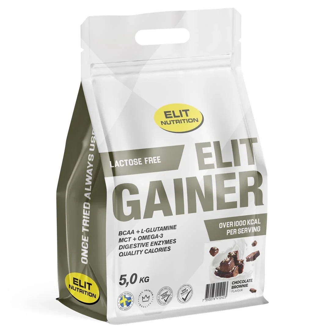 Elit Nutrition Gainer - Lactose Free 5 kg i en vit och grå påse med smaken Chocolate Brownie.