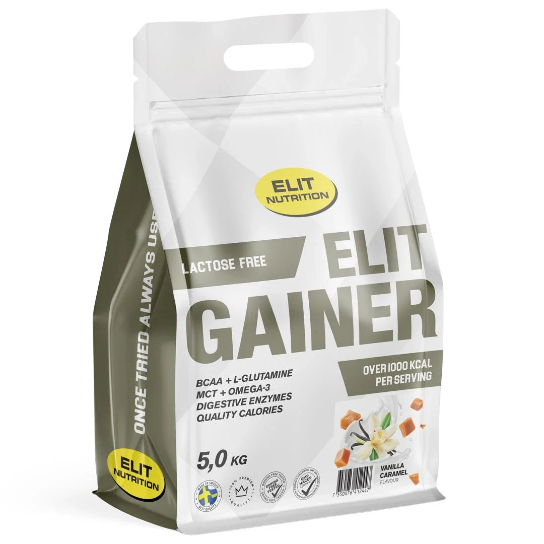 Elit Nutrition Gainer - Lactose Free 5 kg i en vit och grå påse för smaken Vanilla Caramel.