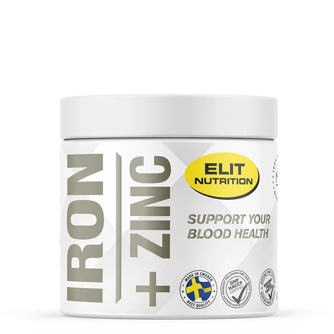 Elit Nutrition Iron + Zinc 60 caps mineraltillskott i en vit plastburk med grå text och gul logotyp., bild 1 av 1