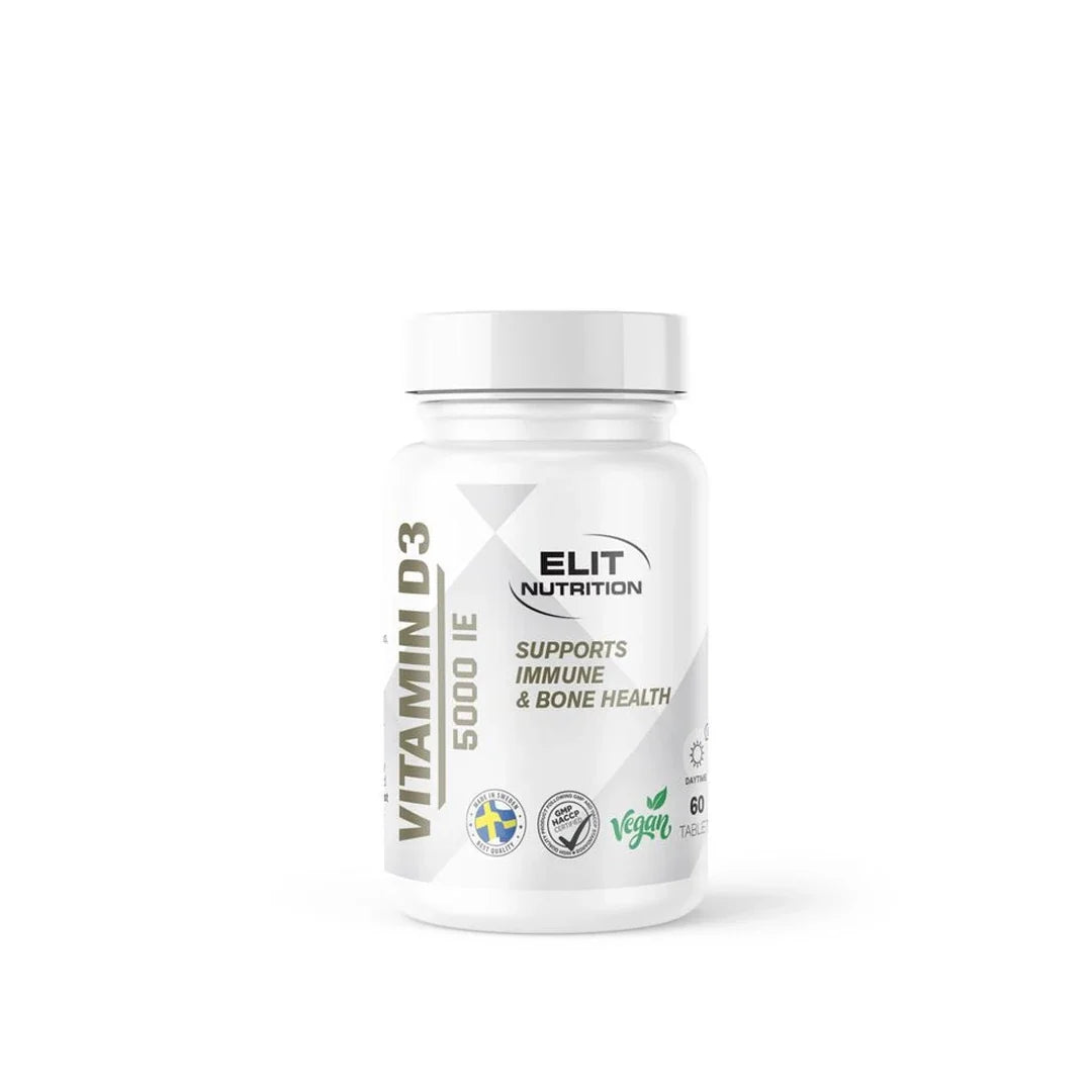 Elit Nutrition Vitamin D 60 tabs i en vit plastburk med stilren etikett och text för immun- och benhälsa., bild 1 av 1
