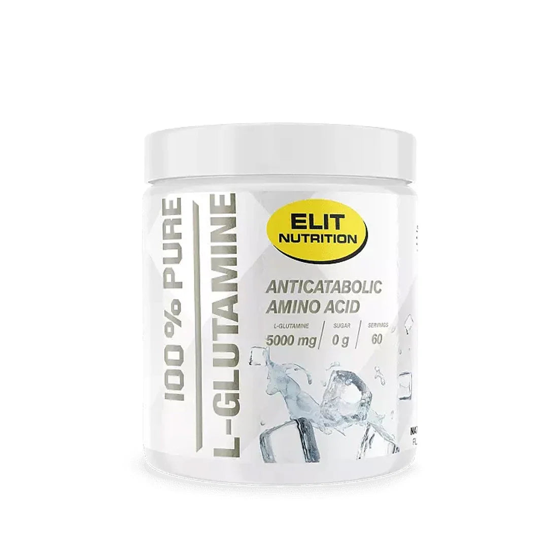 Elit Nutrition 100% Pure L-glutamine 300 g aminosyror i en vit burk med grå och gula detaljer för smaken Naturell.
