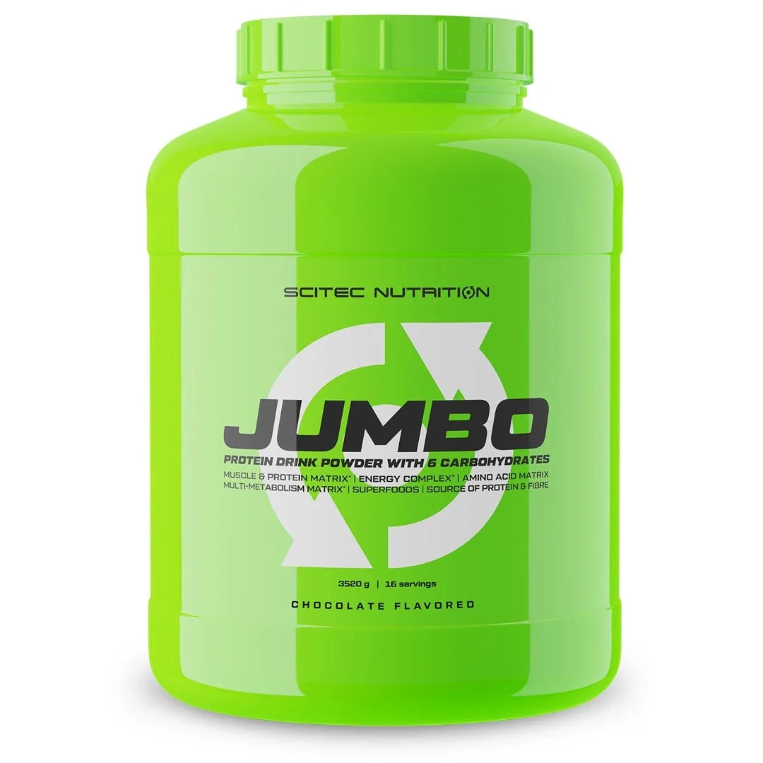 Scitec Nutrition Jumbo 3.52 kg gainer i en stor neongrön burk, chokladsmak., bild 1 av 1