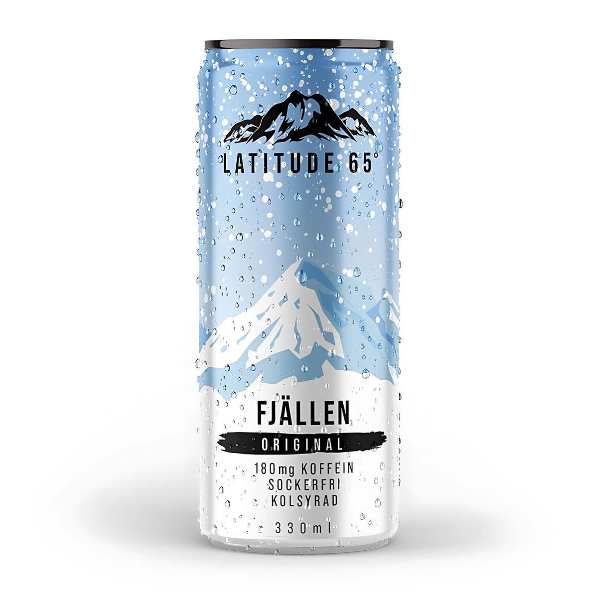Latitude 65 330 ml kolsyrad energidryck i en ljusblå och vit burk med fjällmotiv för smaken Fjällen Original.