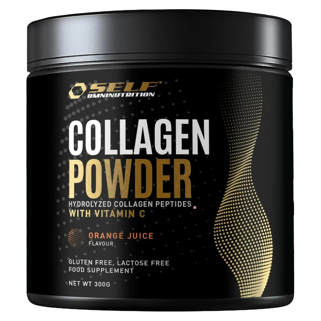 Self Omninutrition Collagen Powder + Vit C 300 g förpackad i en svart burk med guldiga detaljer och apelsinsmak., bild 1 av 1