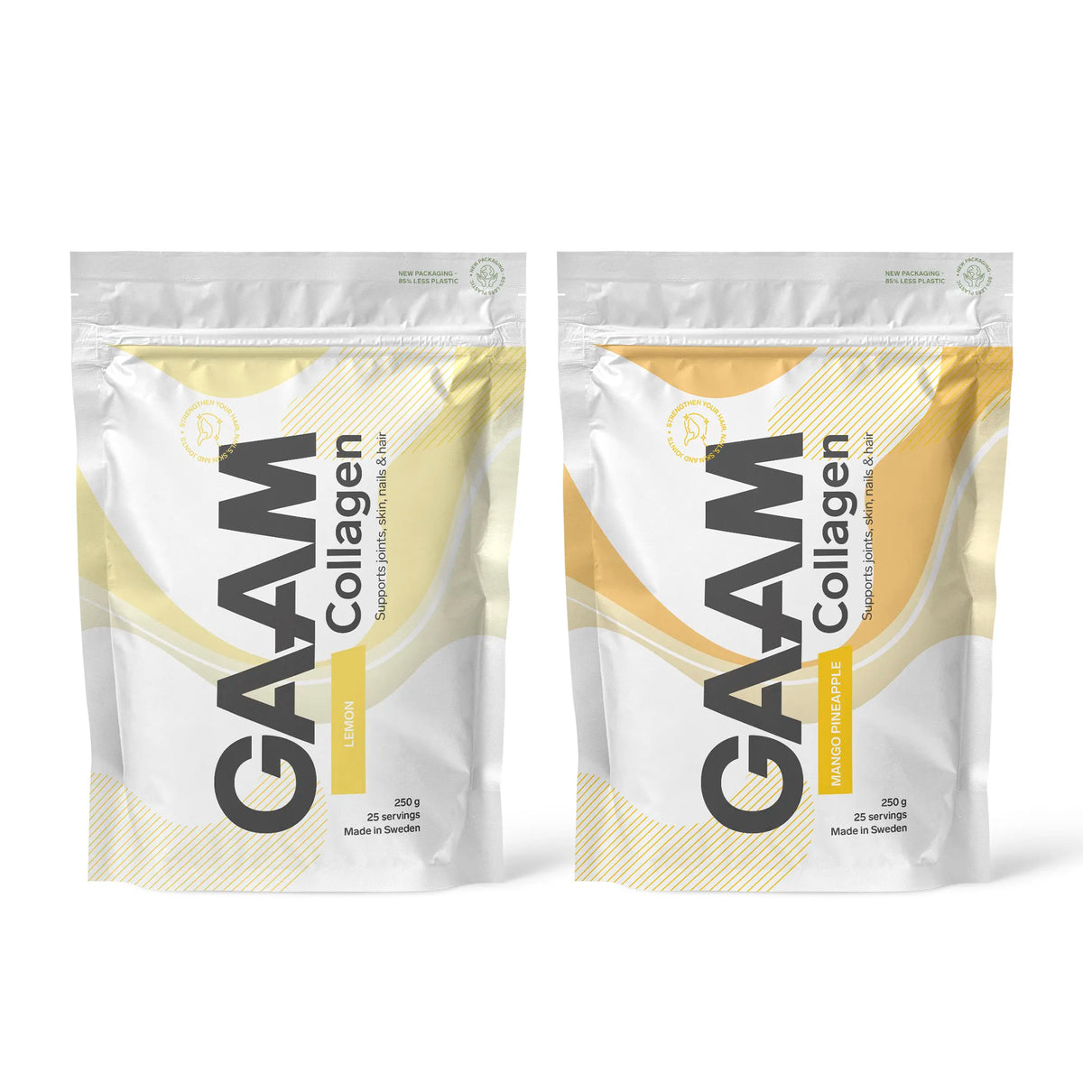 2 x GAAM Collagen 250 g kollagenpulver i två vita påsar med gula och orangea detaljer för smakerna Lemon och Mango Pineapple., bild 1 av 1