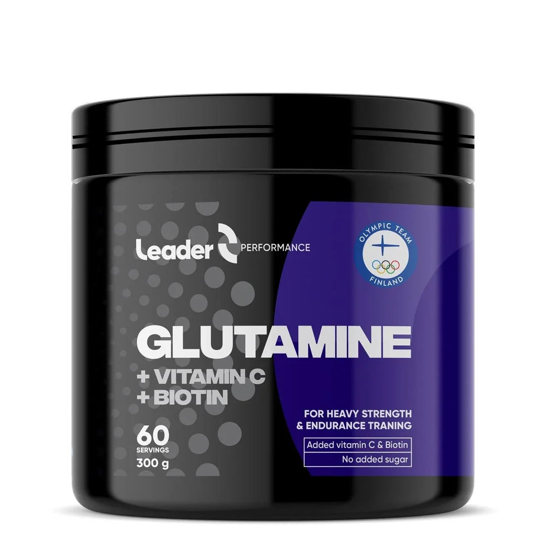 Leader Performance Glutamin + C + Biotin 300 g aminosyra i pulverform i en svart burk med lila detaljer., bild 1 av 1