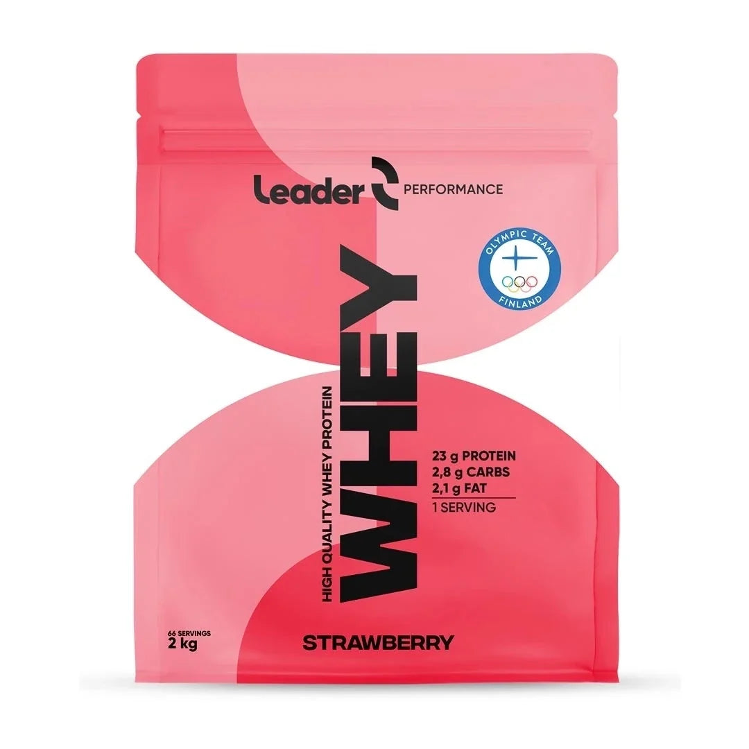 Leader 2 kg proteinpulver i en rosa påse med smaken Strawberry., bild 1 av 1