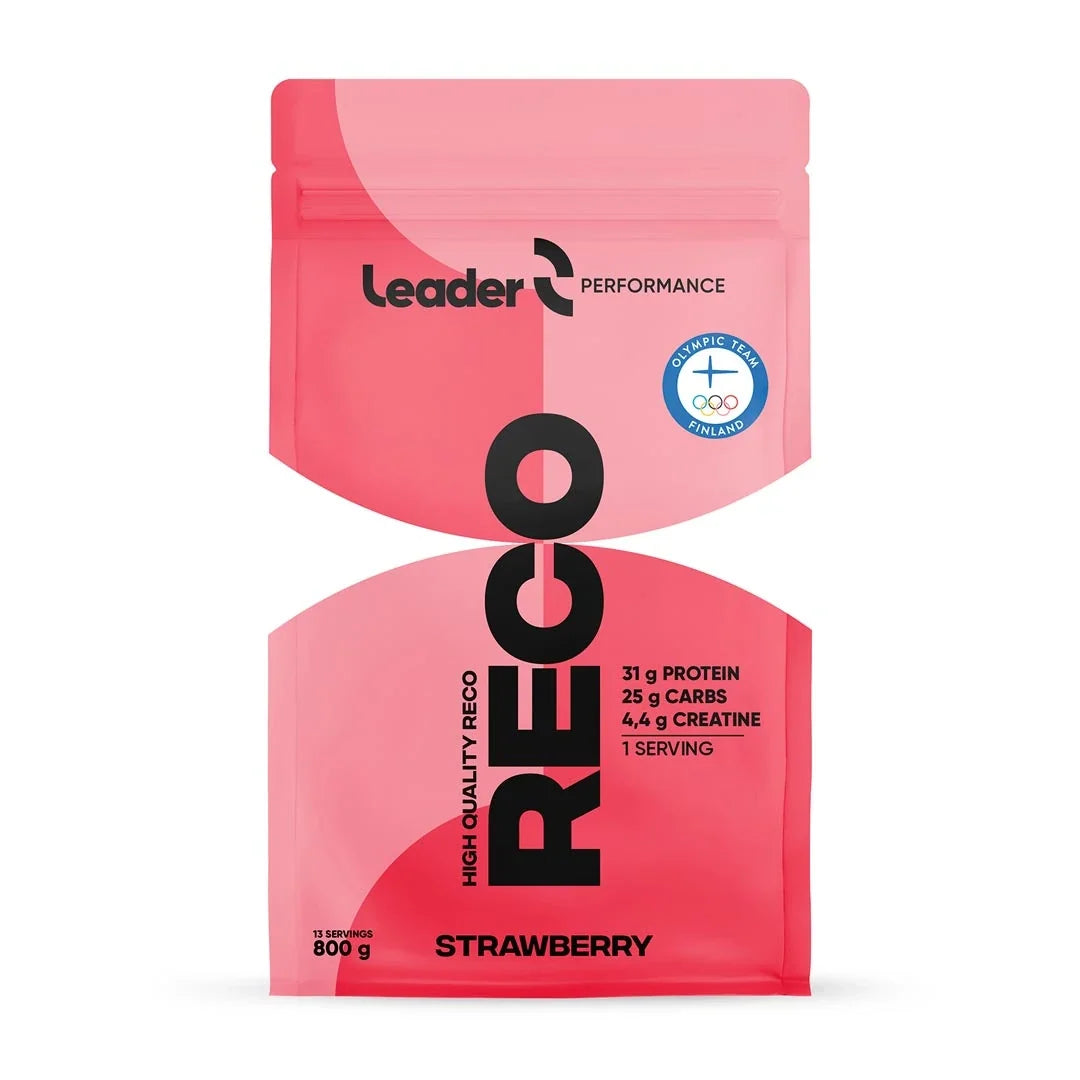 Leader Performance Reco 800 g gainer i pulverform förpackad i en rosa påse med smak av Strawberry., bild 1 av 1
