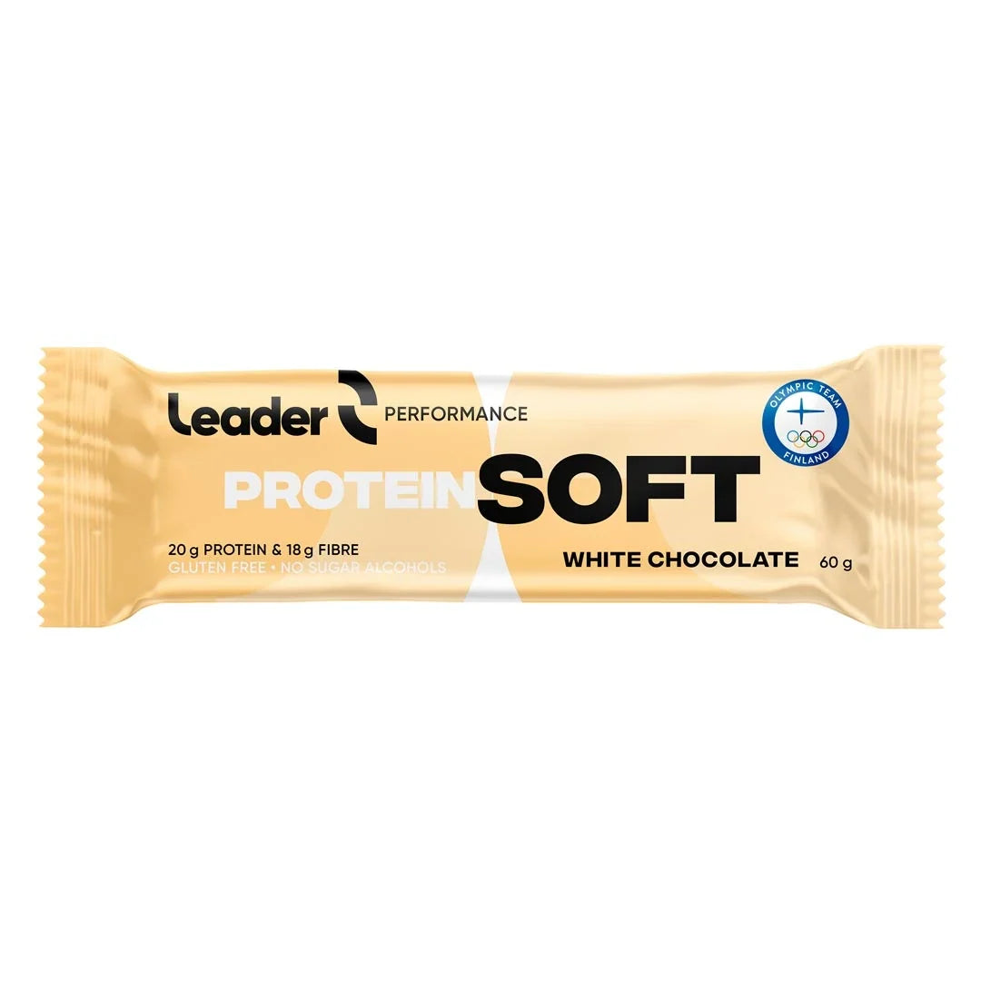 Leader Performance SoftBar 60 g proteinbar i en ljusgul förpackning för smaken White Chocolate., bild 1 av 2