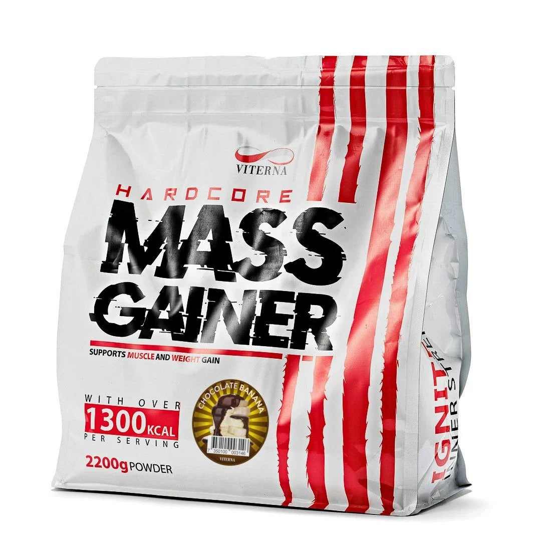 Viterna Hardcore Mass Gainer 2.2 kg gainerpulver i en vit påse med röda ränder för smaken Choklad Banan., bild 2 av 4