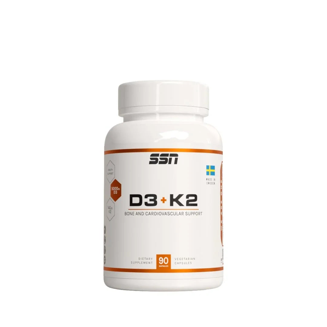 SSN D3 + K2 90 caps vitamintillskott i kapselform, vit burk med orangea och svarta detaljer., bild 1 av 1