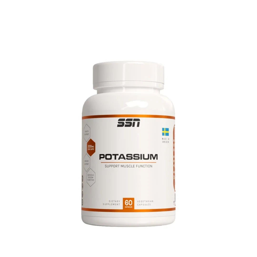SSN Potassium 60 caps i en vit burk med orange detaljer, ett kosttillskott med kalium för nerv- och muskelfunktion., bild 1 av 1