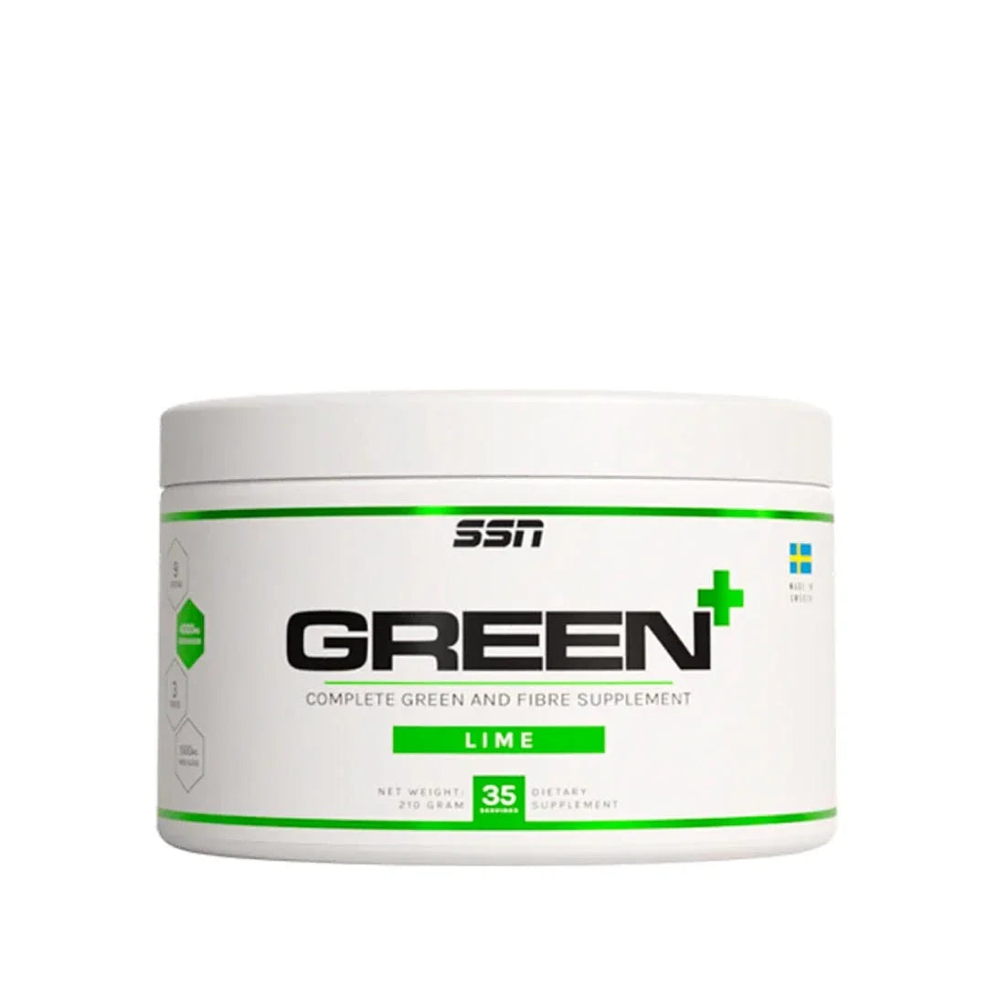 SSN Green+ 210 g grönsaksmix i en vit burk med gröna och svarta detaljer, med smak av lime., bild 1 av 1
