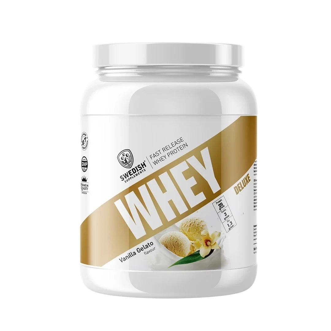 Swedish Supplements Whey Protein Deluxe 900 g proteinpulver i en vit burk med guldfärgade detaljer för smaken Vanilla Gelato., bild 3 av 4