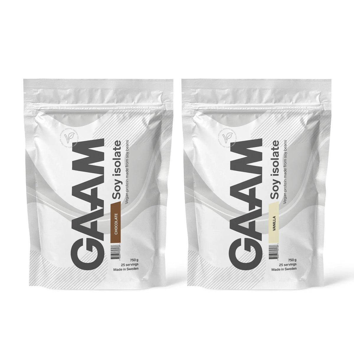 2 x GAAM Soy Isolate 750 g proteinpulver i två vita påsar för smakerna Chocolate och Vanilla.