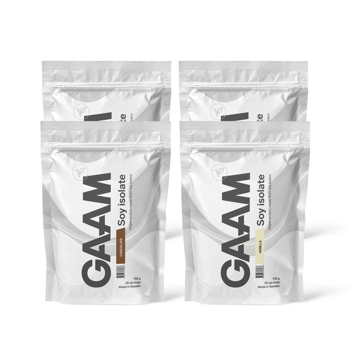 Fyra vita påsar av 4 x GAAM Soy Isolate 750 g med smaker av choklad och vanilj.