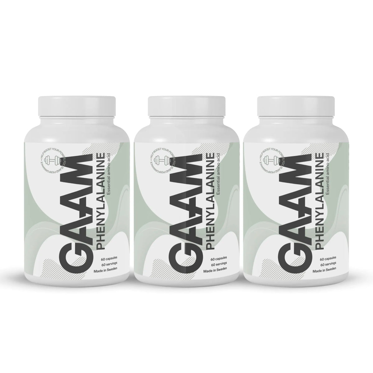 Tre vita burkar med GAAM Phenylalanine 60 caps, med detaljer i grönt och svart.