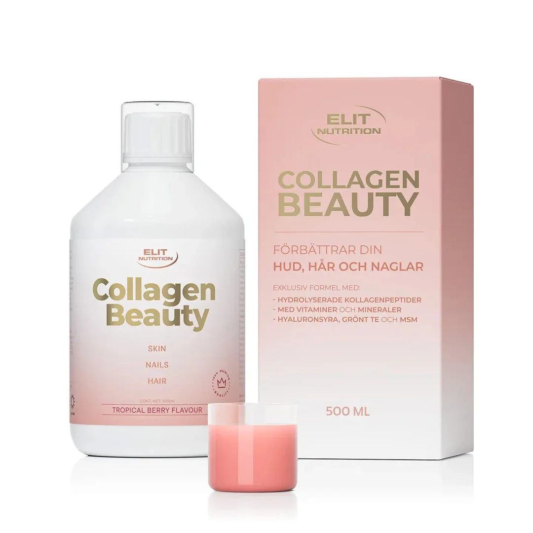 Elit Nutrition Collagen Beauty 500 ml flytande kollagen i en vit och rosa flaska bredvid en matchande kartong och en fylld doseringskopp.