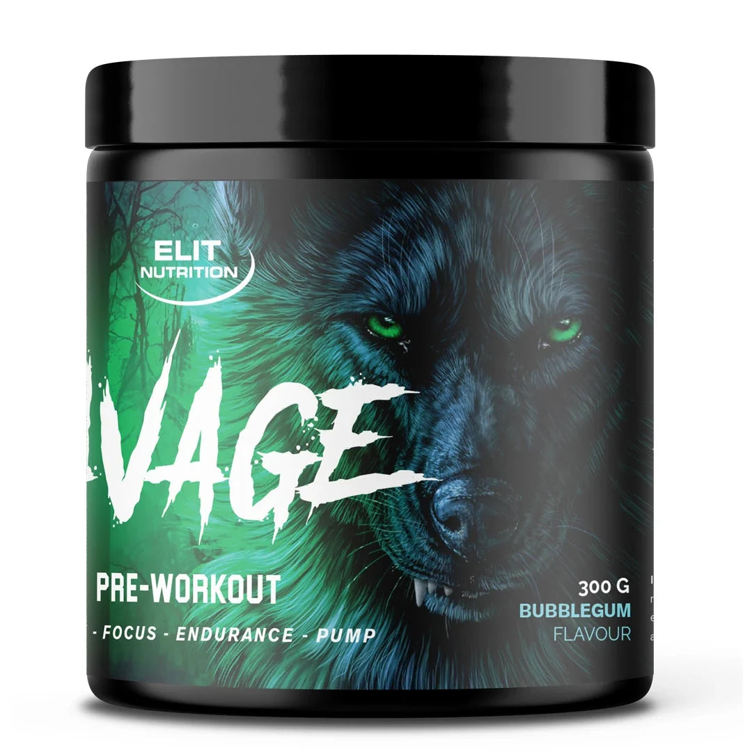 Elit Nutrition Savage PWO 300 g i en svart burk med grön vargdesign och smaken Bubblegum., bild 2 av 2