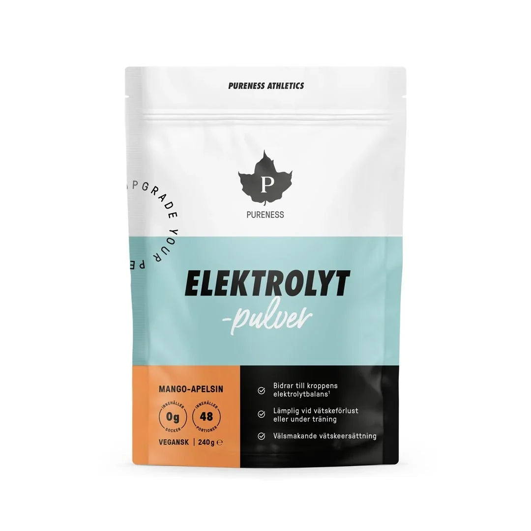 Pureness Elektrolytpulver 240 g i en vit påse med ljusblå och orange detaljer för smaken Mango Apelsin., bild 2 av 5