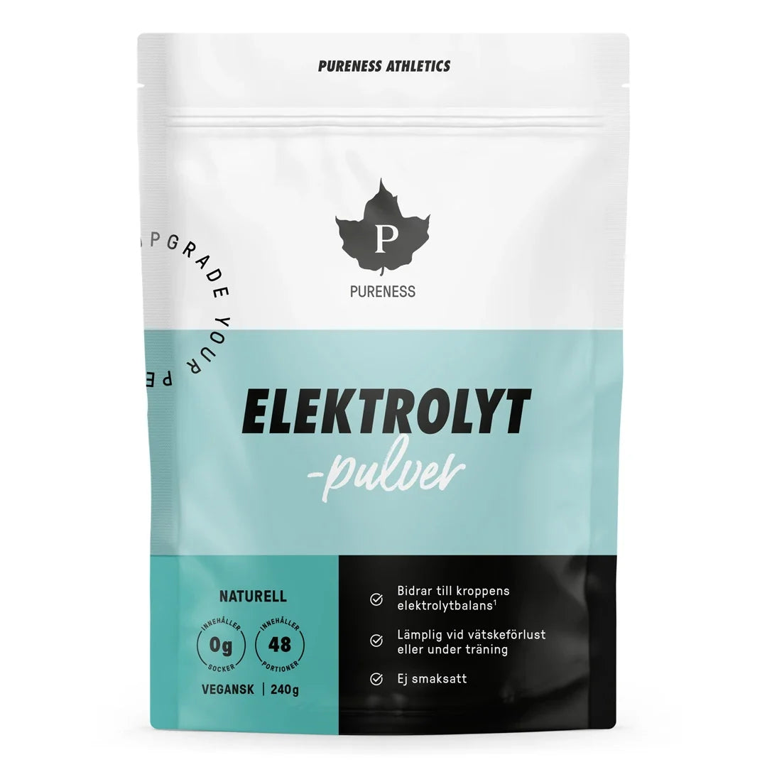 Pureness Elektrolytpulver 240 g i en vit och ljusblå påse med svarta detaljer för smaken Naturell., bild 5 av 5