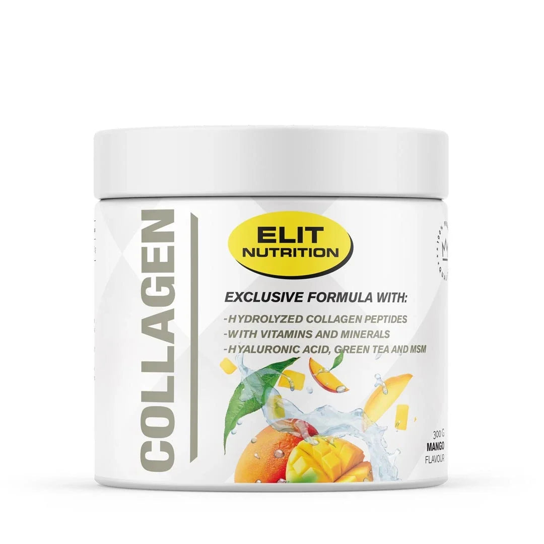 Elit Nutrition Collagen 300 g kollagenpulver i en vit burk med fruktmotiv för smaken Mango., bild 1 av 1