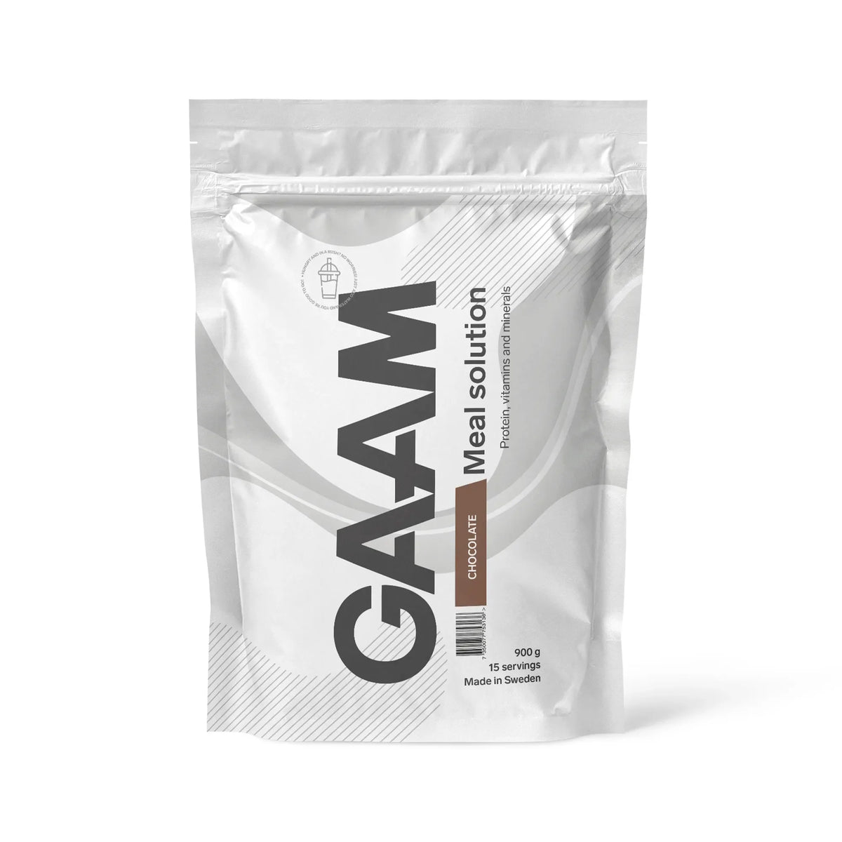 GAAM Meal Solution 900 g måltidsersättning i en vit påse med bruna detaljer för smaken Chocolate.