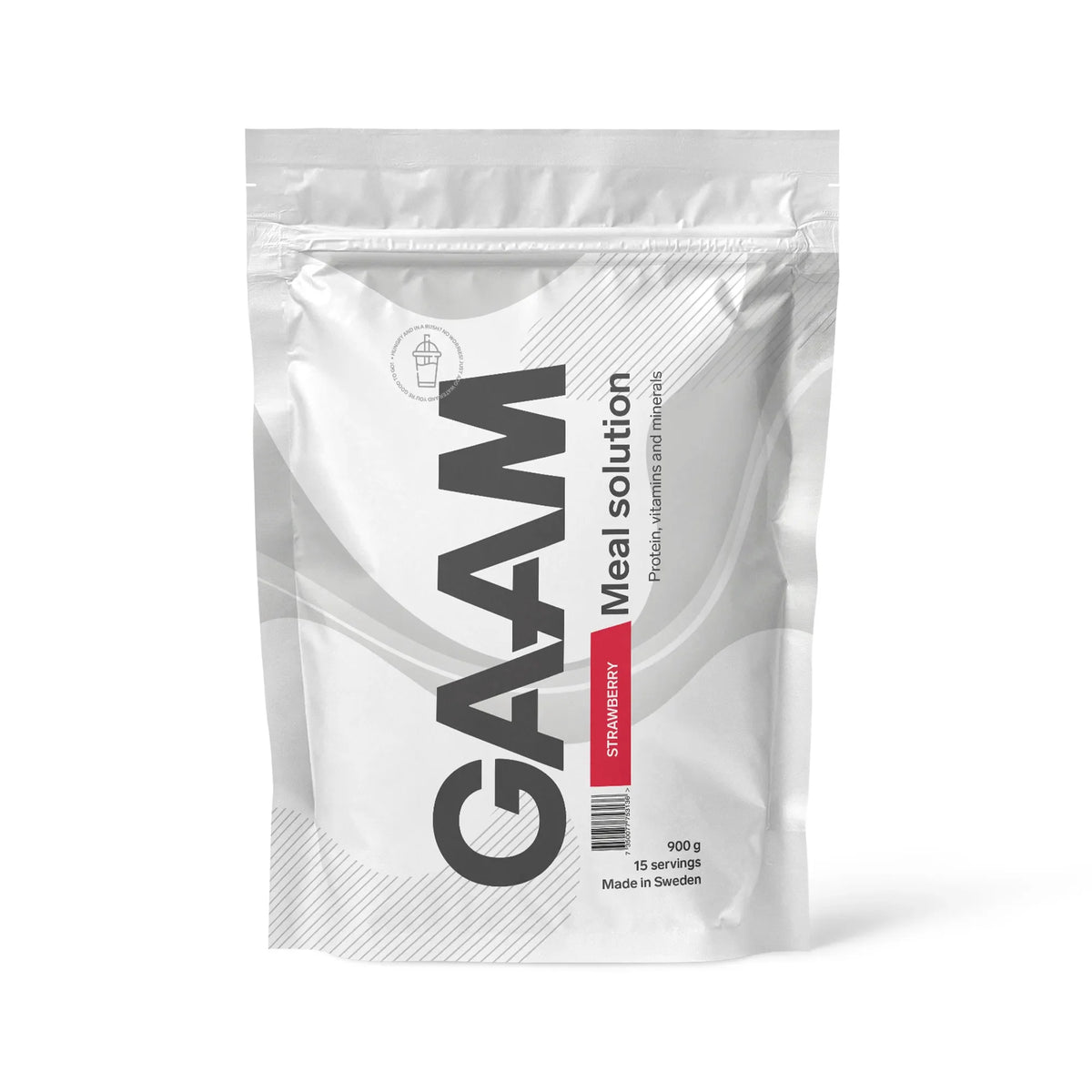 GAAM Meal Solution 900 g måltidsersättning i en vit påse med röda detaljer för smaken Strawberry., bild 3 av 3