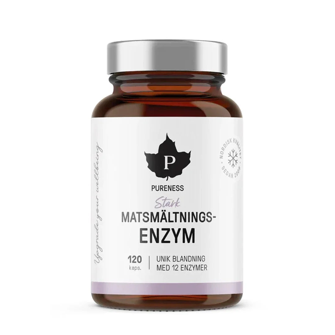 Pureness Starkt Matsmältningsenzym 120 caps i en brun glasburk med vit etikett och silverfärgat lock., bild 1 av 1